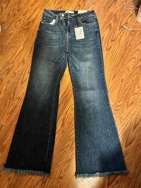 Zenana Outfitters Dark Blue Flare Jeans with Raw Hem